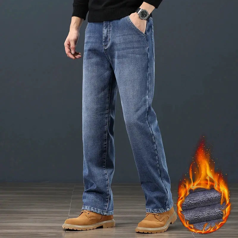 Winter Fleece Men Jeans Loose Straight Fit Warm Denim Pants 42 44