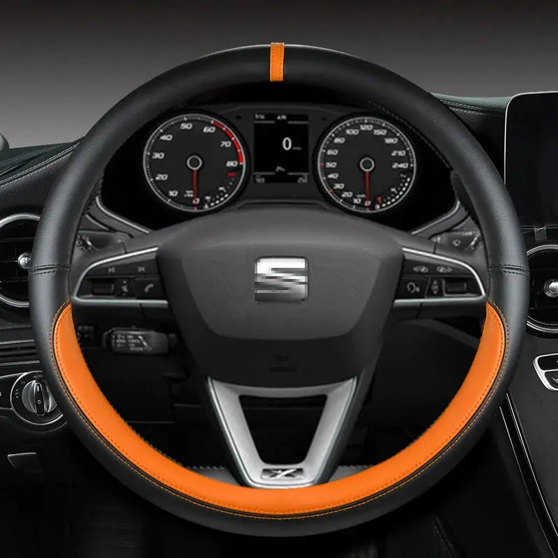 Microfiber leather steering wheel cover, 38cm, black with orange stitching, non-slip, Simples Market for SEAT models