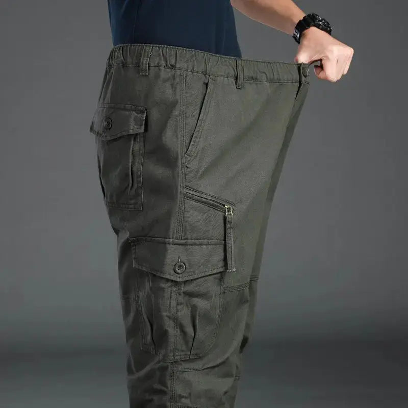 Simples Market men's tactical cargo pants with elastic waist, olive cotton, multi-pocket design, large size option