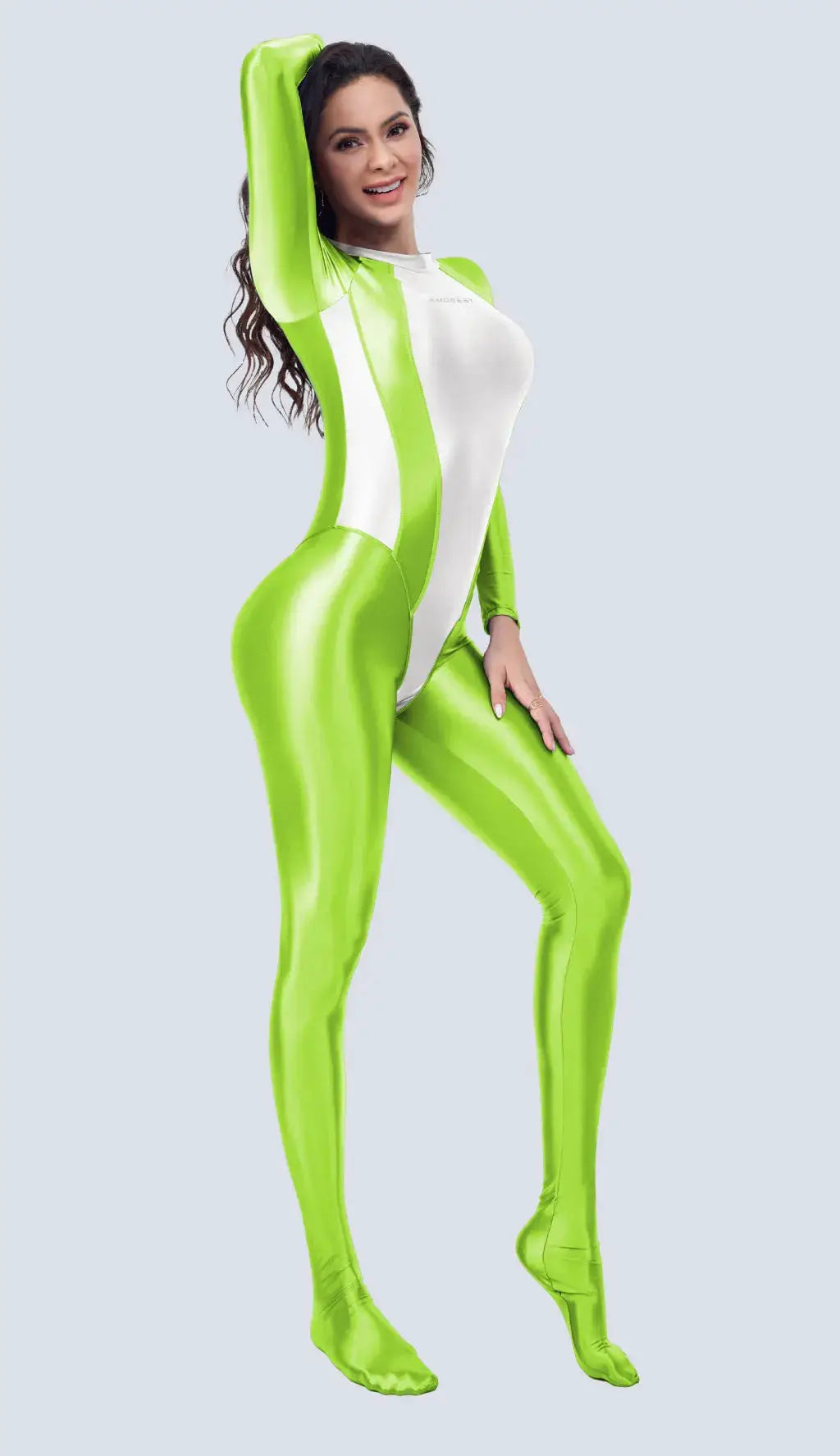 AMORESY wetlook catsuit neon green with white panels, fullbody shiny Zentai jumpsuit by Simples Market
