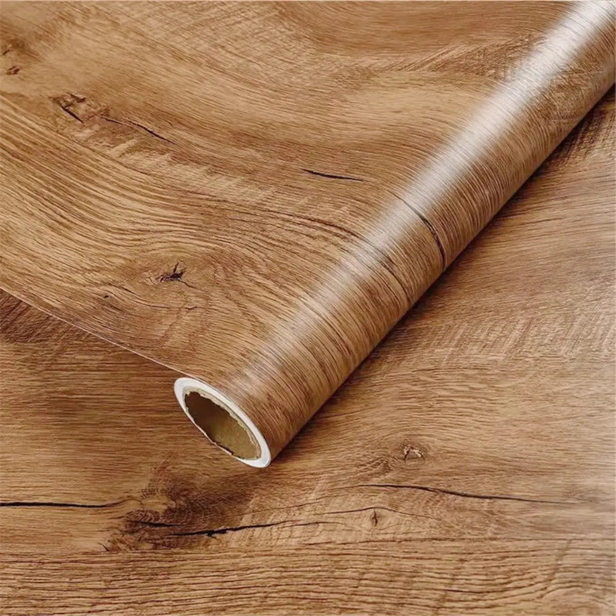 Wood grain vinyl wallpaper roll, 55cm wide, self-adhesive, Simples Market brown wood finish.