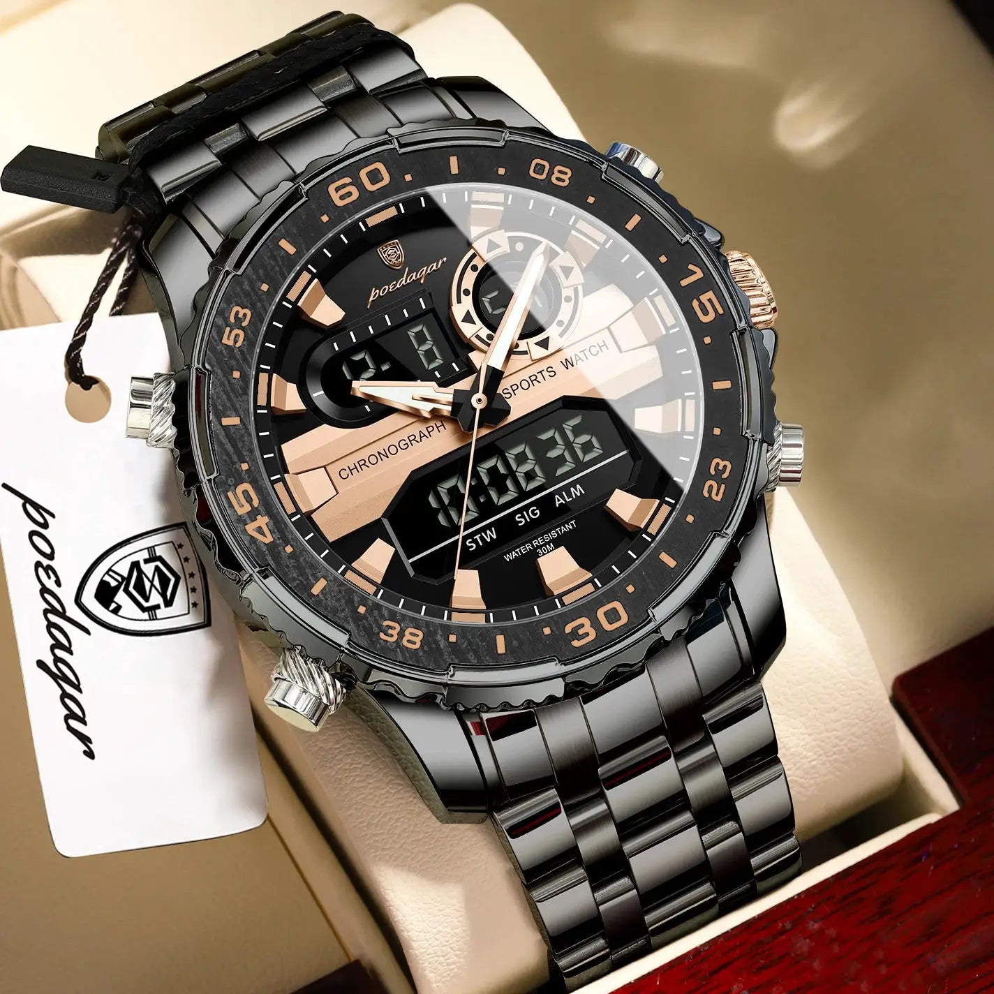 POEDAGAR men's sport watch with black stainless steel band and rose-gold dial accents; LED digital display