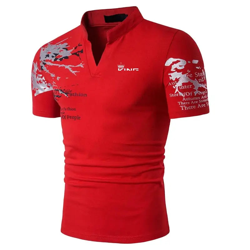 Men's red polo shirt with graphic prints, V-neck, Simples Market brand, short sleeves