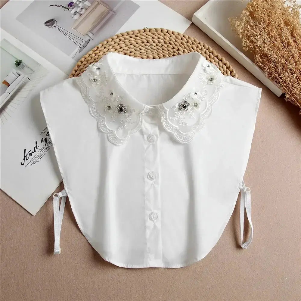 Detachable White Faux Collar With Front Tie For Women And Girls Vintage Lace Blouse Collar