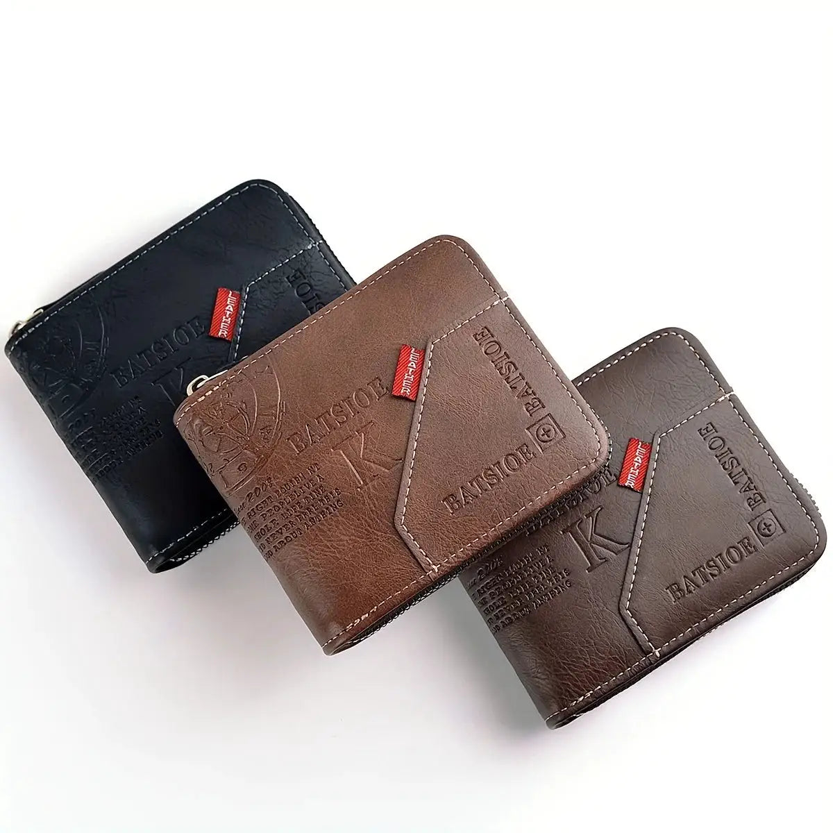 Men's PU wax-oil leather wallet with zipper coin purse, Simples Market, 3 colors (black, brown, tan)