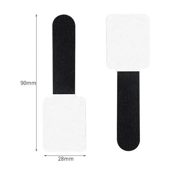 Two nylon releasable cable organizer ties with black fabric loops and white rectangular ends, 90mm long, 28mm wide.