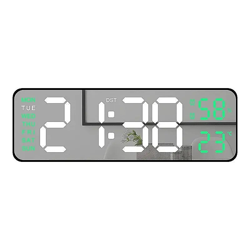 9-inch USB-powered digital wall clock with auto-dim DST and green LED time, temp and humidity readouts, Simples Market