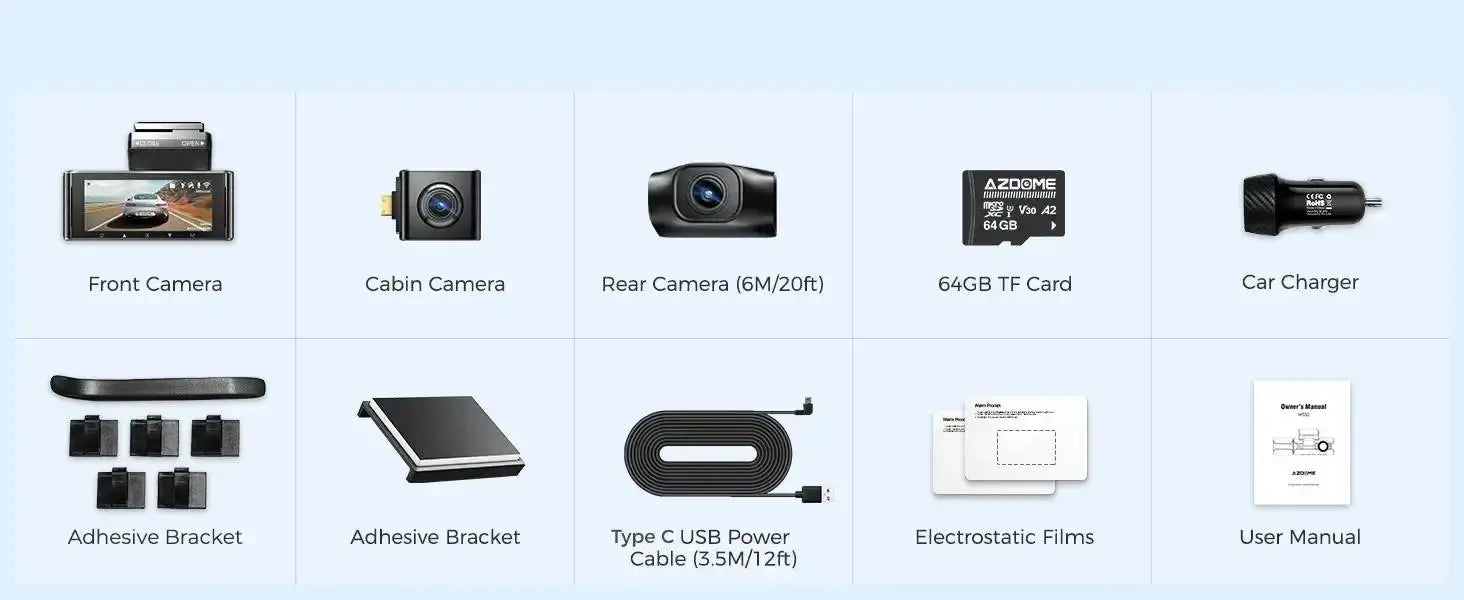 AZDOME M550 Max dash cam kit: front, cabin, rear cameras with 64GB card, charger, brackets, USB cable, films, manual