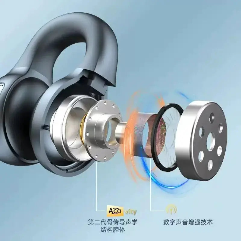 X58 Bluetooth in-ear earbuds with built-in mic, black color, exploded view of internal components.