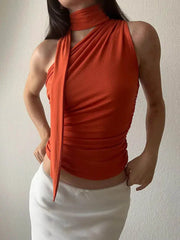 TrendAura Backless Off Shoulder Halter Tank Top Vintage Y2K Sleeveless Crop Top Summer Clubwear