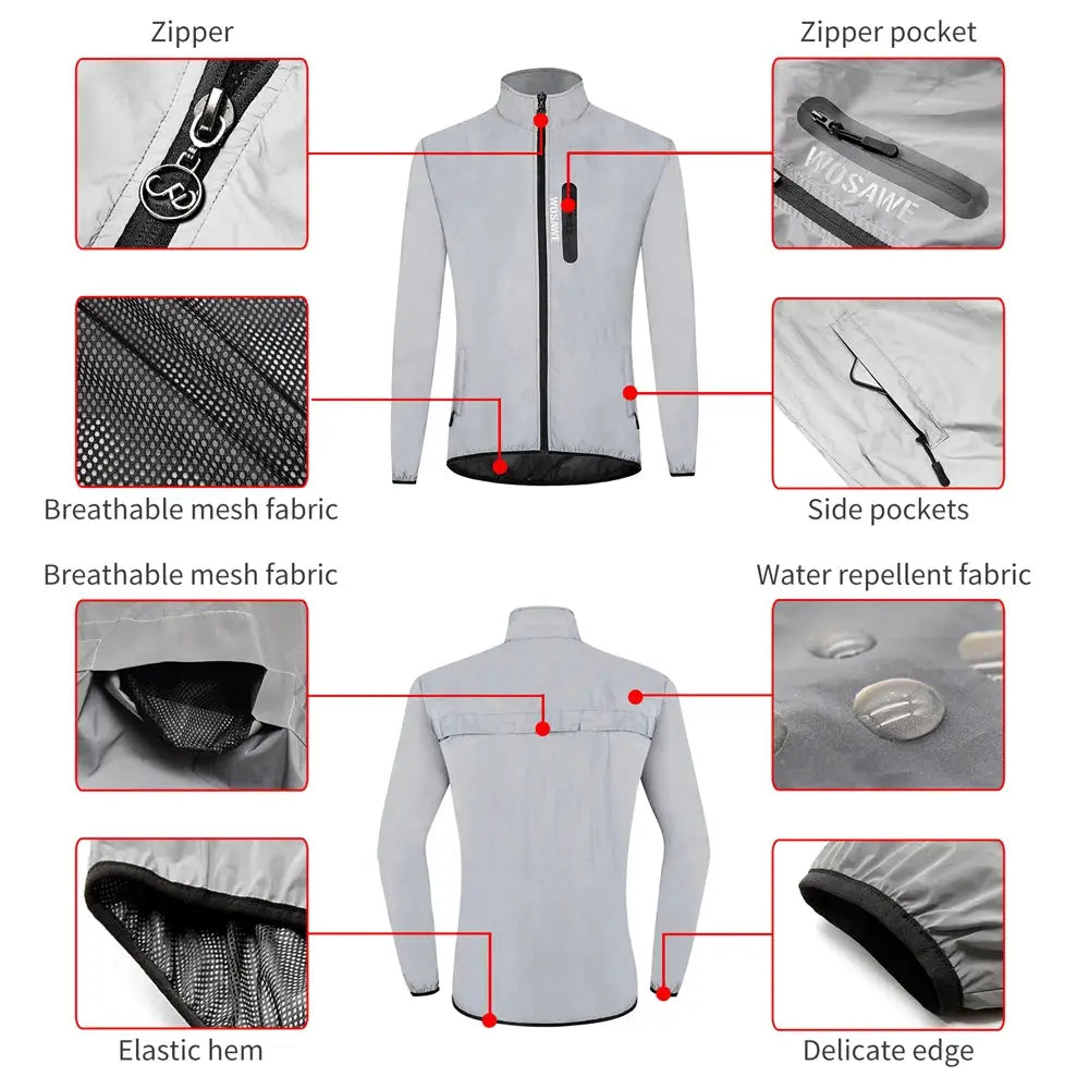 WOSAWE men's fully reflective lightweight gray hooded outdoor windbreaker jacket