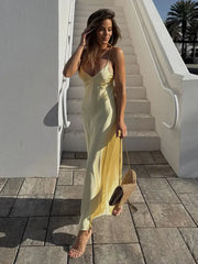 HH Women Summer Yellow V Neck Sling Dress Lightweight Sleeveless Maxi For Effortless Elegance
