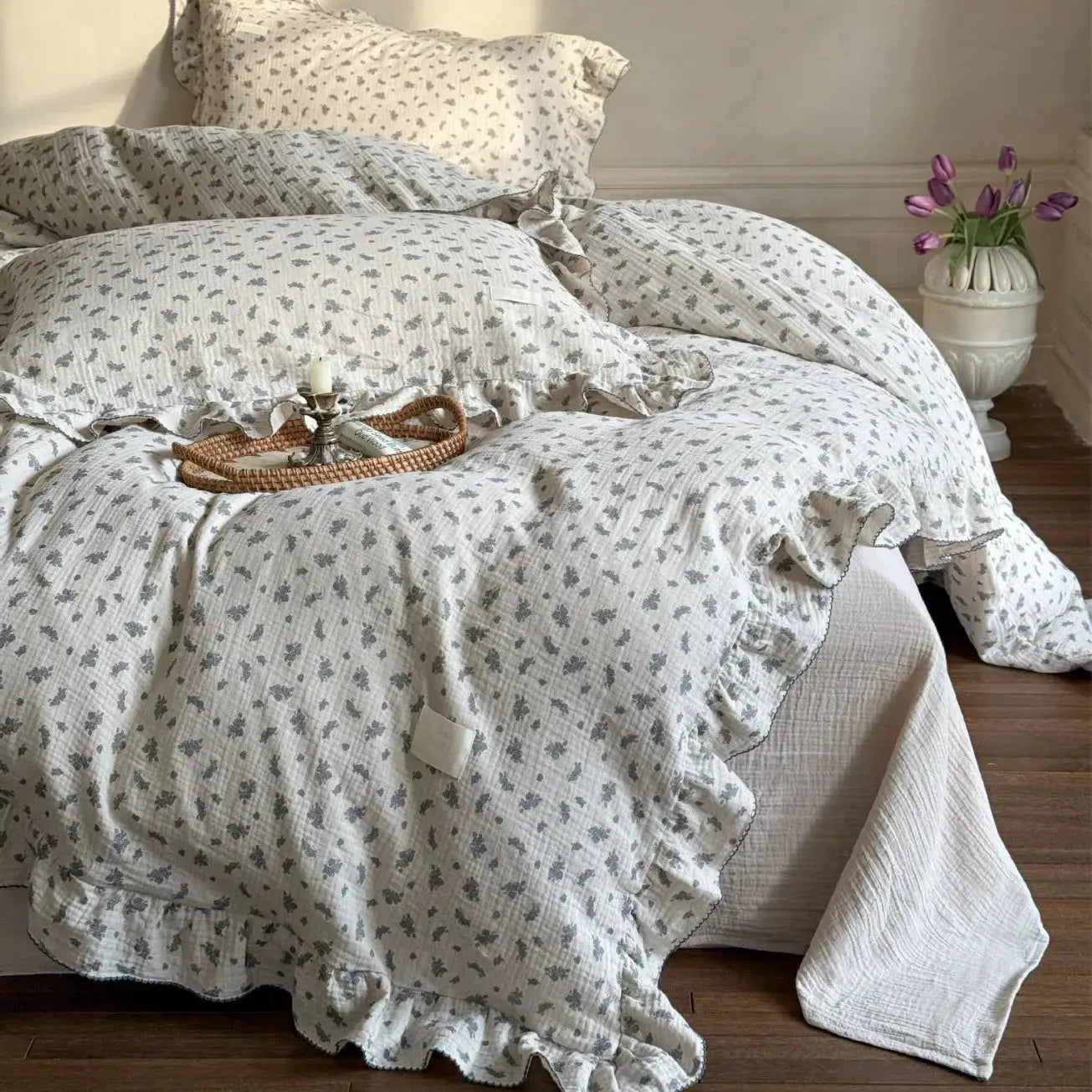 INS Princess Gauze 100% Cotton 3-Piece Bedding Set with ruffle-edge floral duvet cover and pillowcases in cream/gray