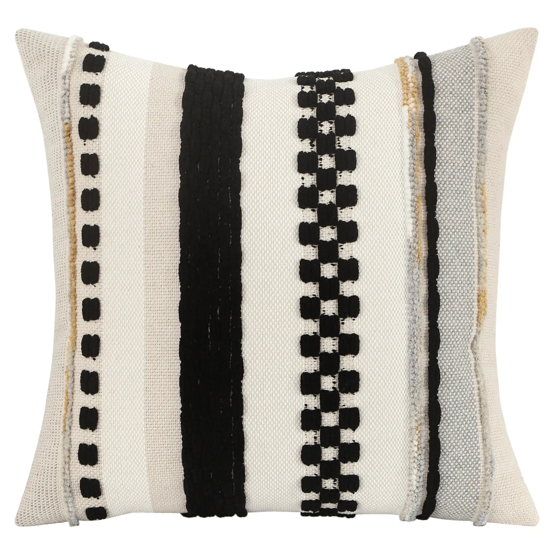 Boho striped throw pillow cover, 18x18 inches, cream and black chenille texture
