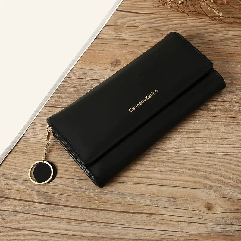 Simples Market black PU leather long wallet with multi-functional fold design and gold-tone round keychain.