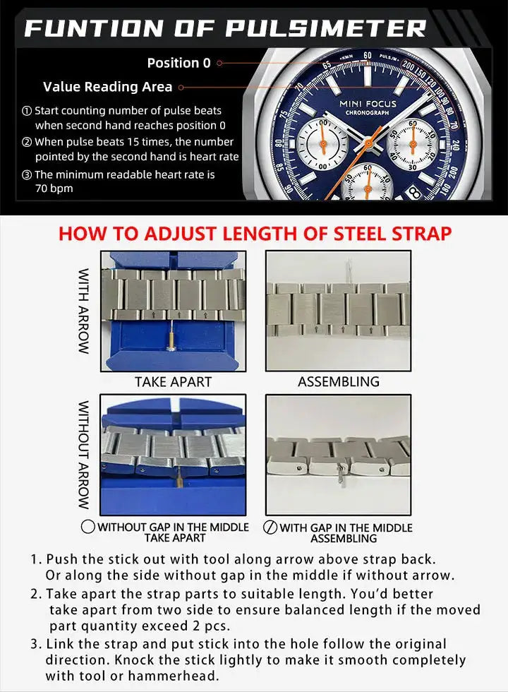 MINI FOCUS chronograph quartz men's wristwatch with stainless steel strap, luminous dial and calendar.