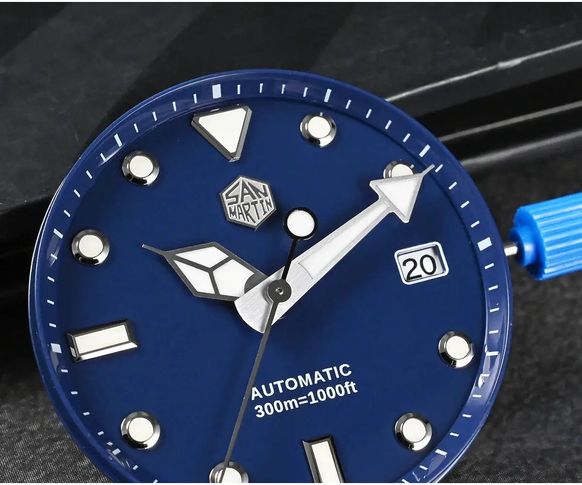 San Martin blue diver watch with blue bezel, automatic movement, date window, 300m water resistance.