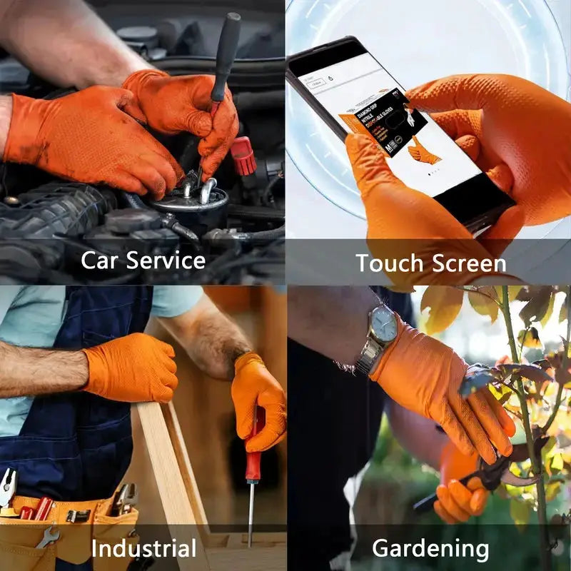 Heavy Duty Orange Nitrile Gloves 8 Mil Disposable With Diamond Textured Grip For Mechanic Safety And Work Gloves