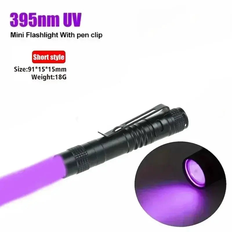 395nm UV pen flashlight with clip, black, mini size, purple beam.