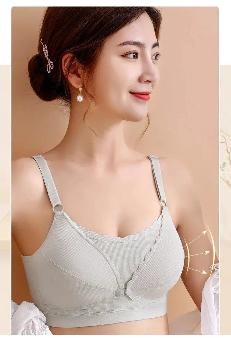 Women’s wire-free push-up bra in beige with scalloped front and adjustable straps