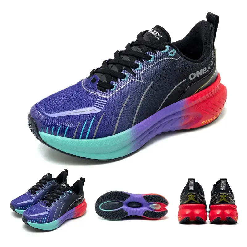ONEMIX road running shoes with gradient blue-purple upper and teal-to-red sole by Simples Market.