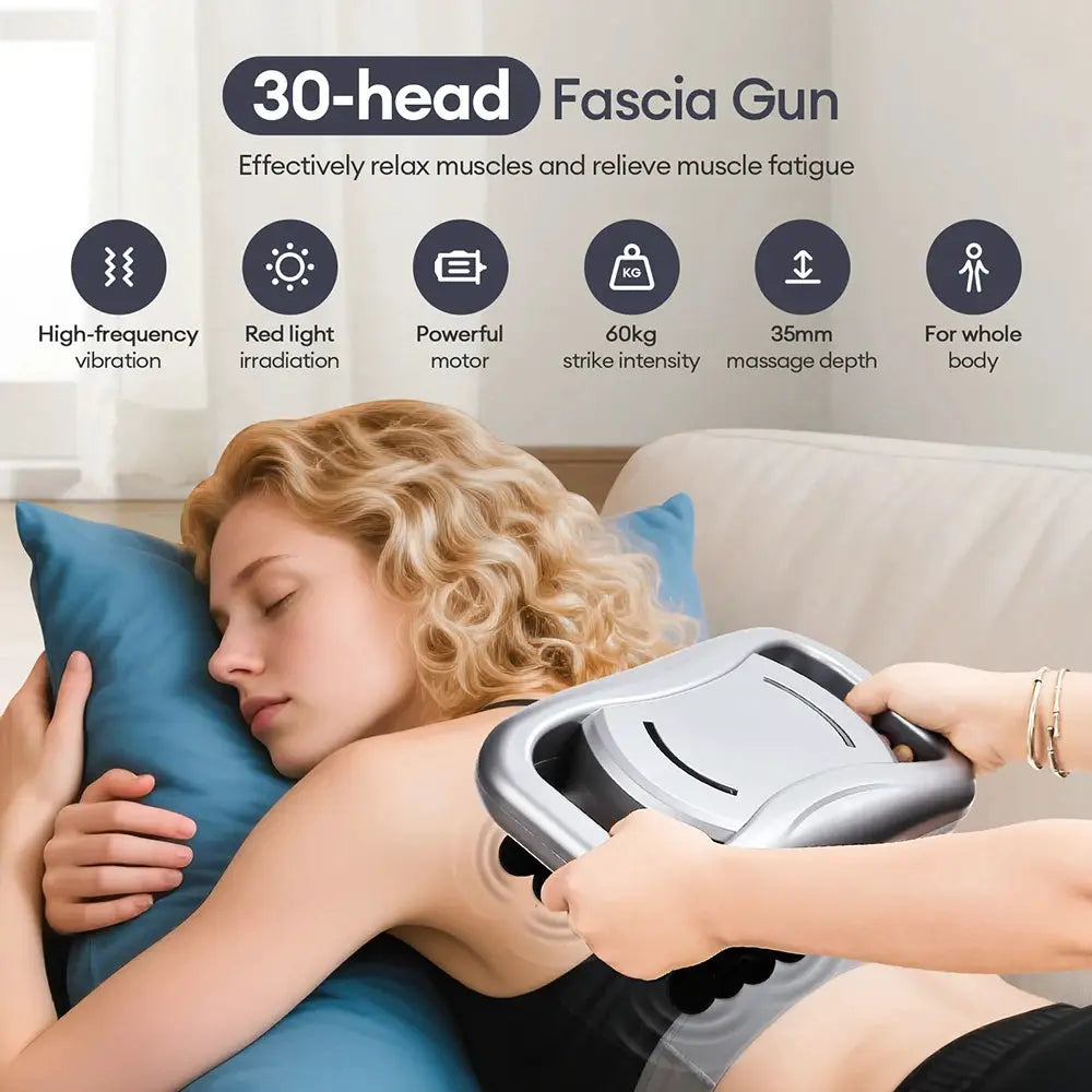 Simples Market 30-head fascia massage gun in silver used on a woman's back for deep muscle relief