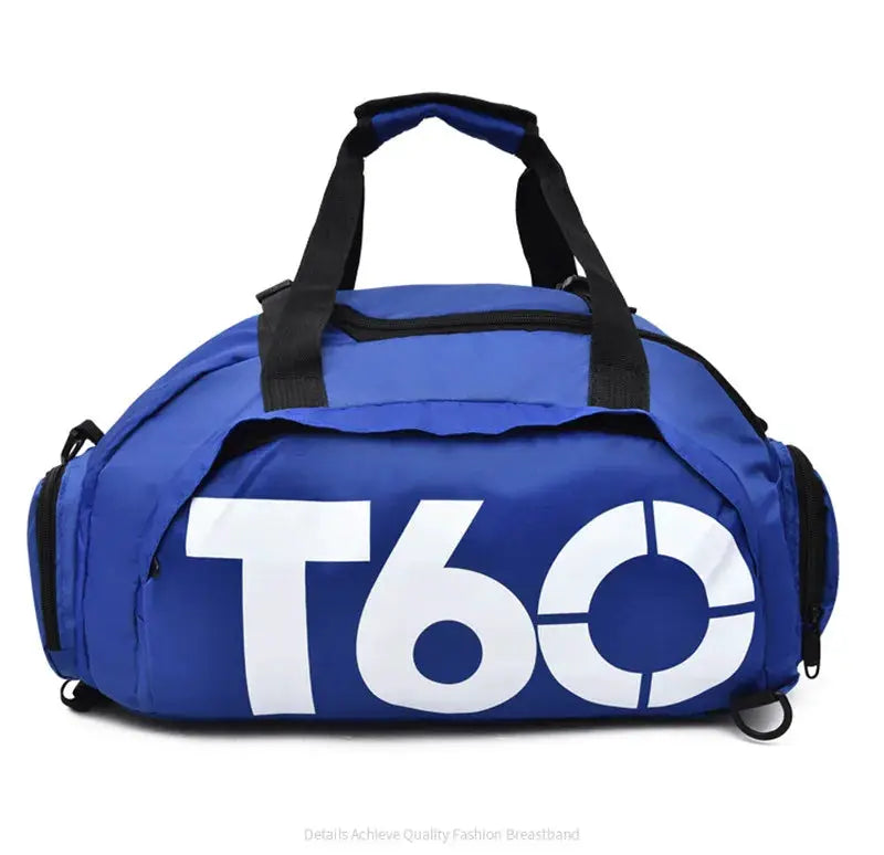 Gym bag, blue waterproof duffel with black handles and large white T60 logo