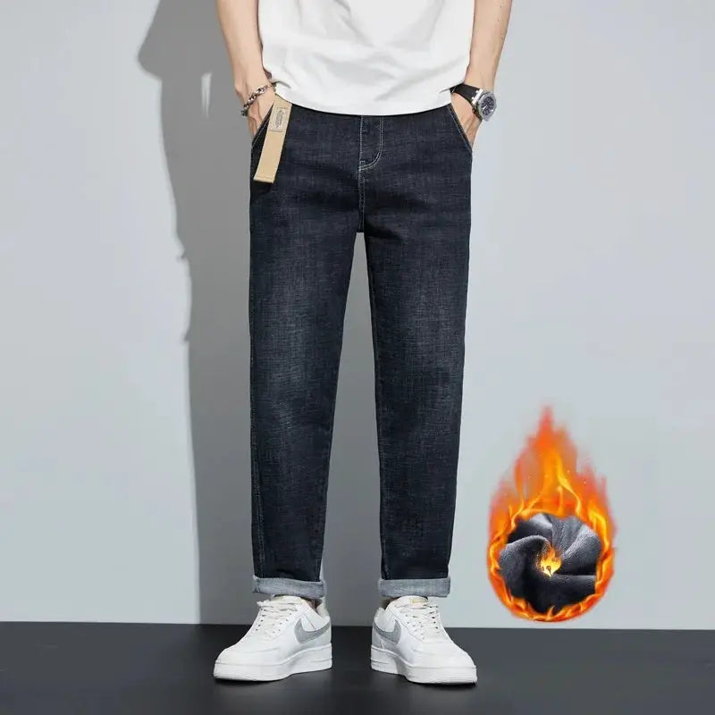 Winter dark blue fleece jeans for men, Simples Market, loose straight fit with rolled cuffs