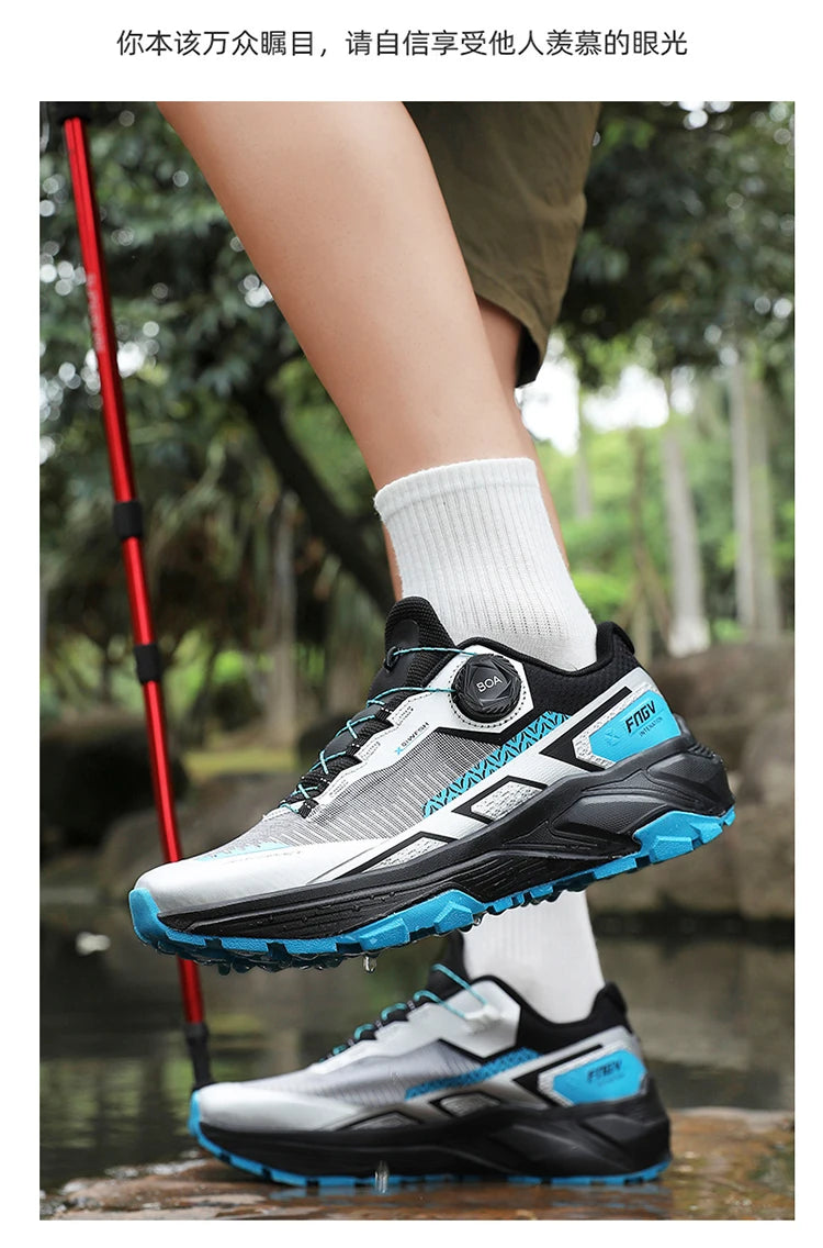 Pair of Simples Market men's breathable running sneakers in gray/blue with BOA dial and cyan outsole.