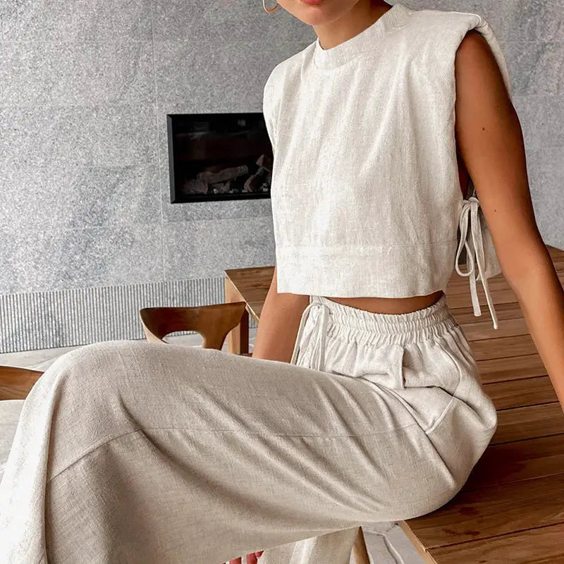 Linen Two Piece Pant Set With Crop Top For Women Spring Summer 2025
