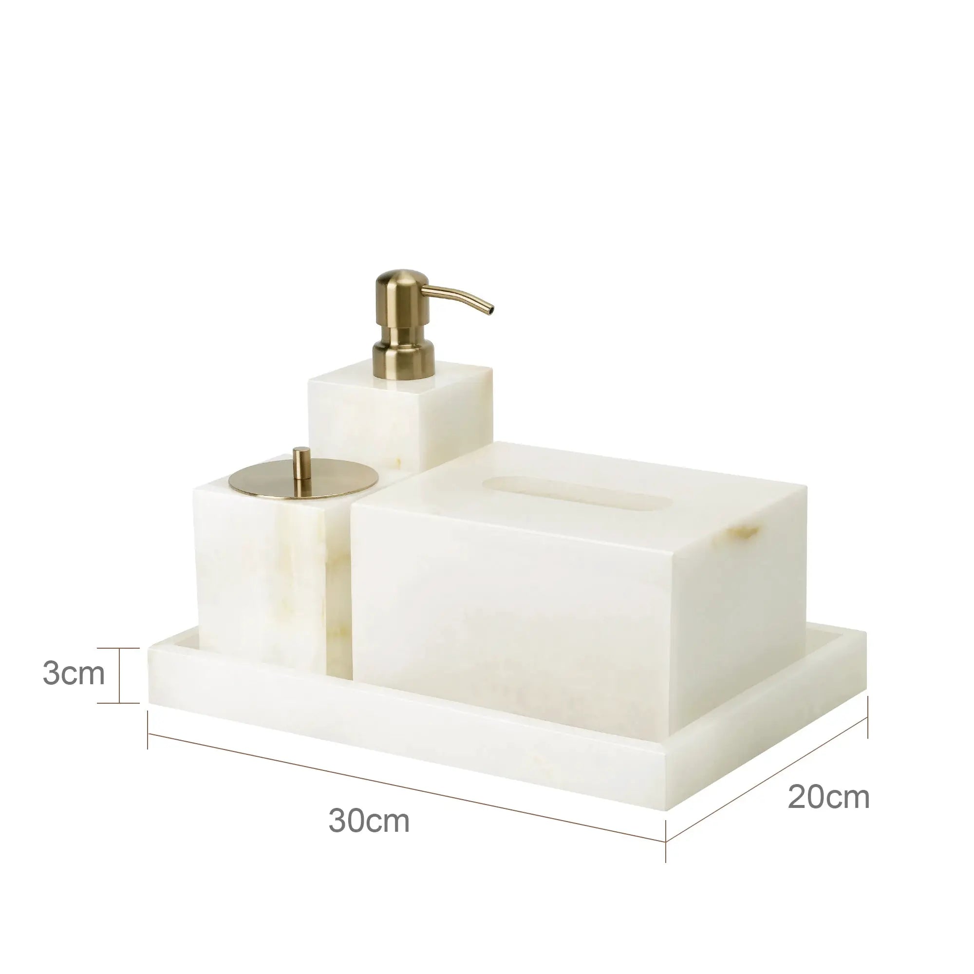 White onyx marble bathroom set 3-piece with soap dispenser, tissue box and vanity tray by Simples Market