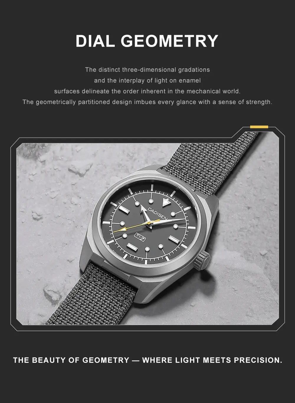 CADISEN TI-7 canvas wristwatch, gray titanium-steel case, gray dial with luminous markers, MIYOTA 8215 automatic
