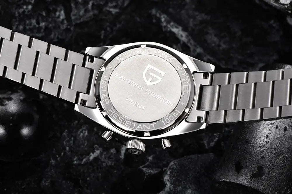 Pagani Design stainless steel men's watch back view with logo and metal bracelet, water resistant to 100m