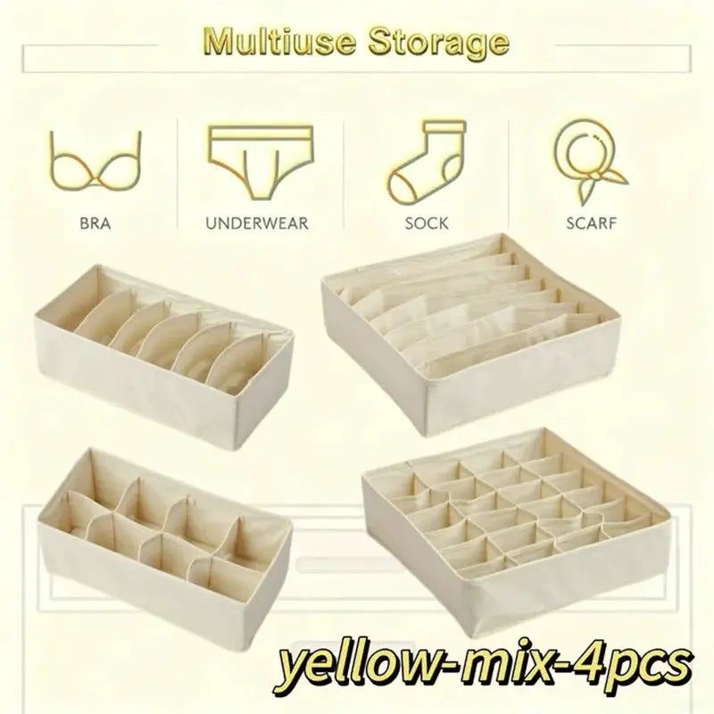 Simples Market drawer organizer set; 4 beige fabric boxes with dividers for underwear, socks, bras