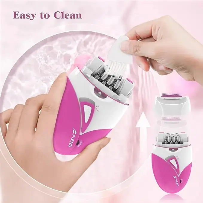 Kemei KM-189A women's epilator, pink/white, USB charging; 2 items shown with detachable head attachments.
