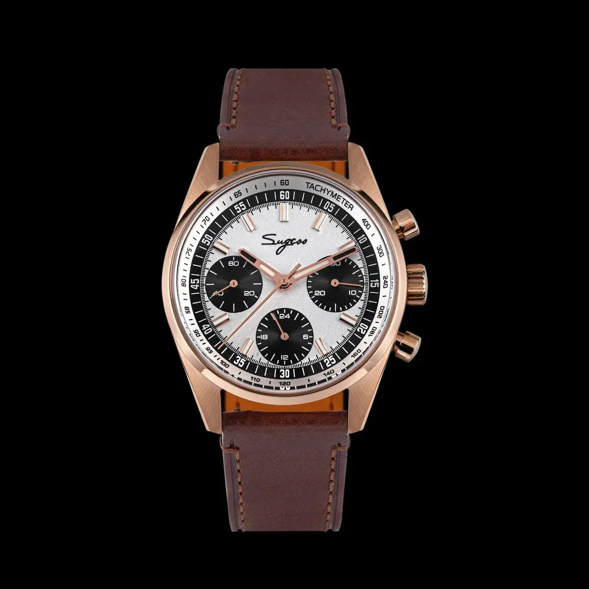 Sugess men's 38mm chronograph watch with rose gold-tone case, white dial, black subdials, brown leather strap