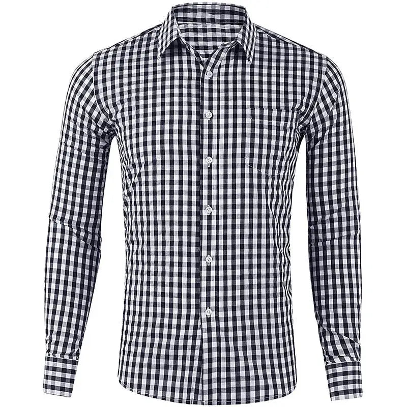 Men's long sleeve navy and white plaid shirt, button-down casual top