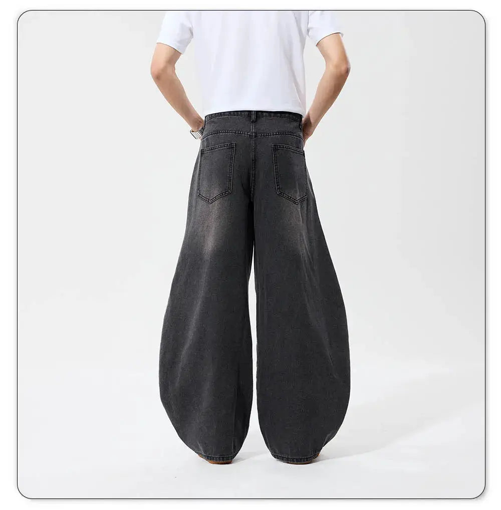 Men's baggy wide-leg denim jeans in charcoal gray back view with rear pockets