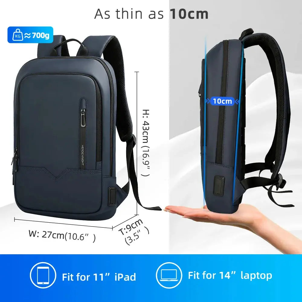 HK Slim Backpack for Men, navy blue waterproof bag with USB charging, fits 15.6-inch laptops.