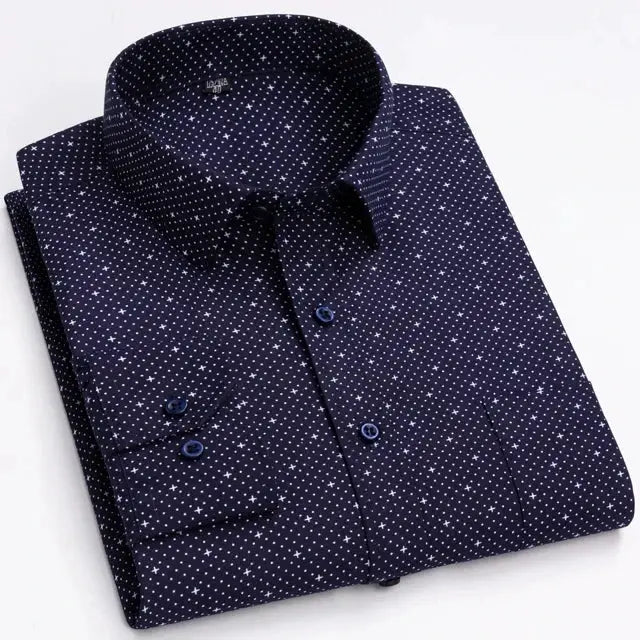 Men's long-sleeve navy shirt with small white dot pattern and a single chest pocket, Simples Market