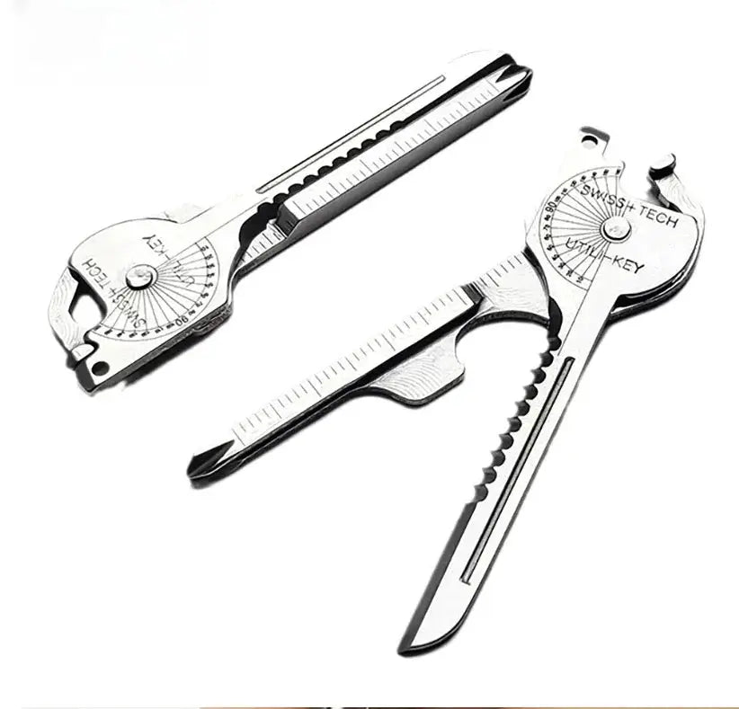 Simples Market 8-in-1 multi-tool keychain in silver; folding screwdriver, bottle opener, and built-in ruler