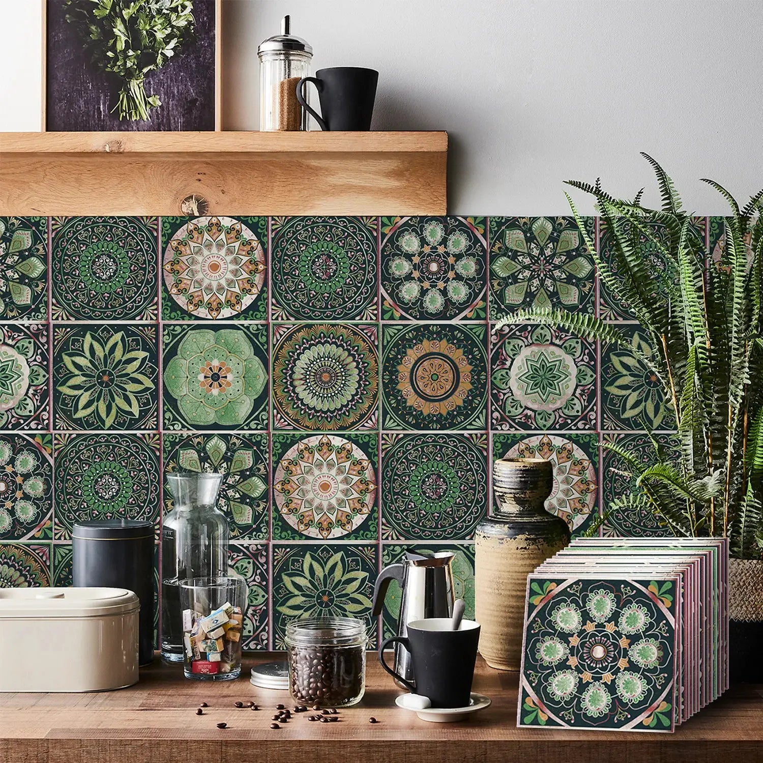 24pcs tile self-adhesive wall stickers set; waterproof multicolored mandala tile patterns for kitchen backsplash