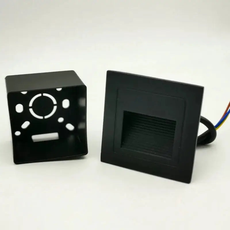 Pair of black square LED wall stair step lights, 5W waterproof recessed fixtures with mounting frames.