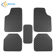 5-piece black PU leather quilted car floor mat set by KCIMO; includes two front, two rear, and center mat.