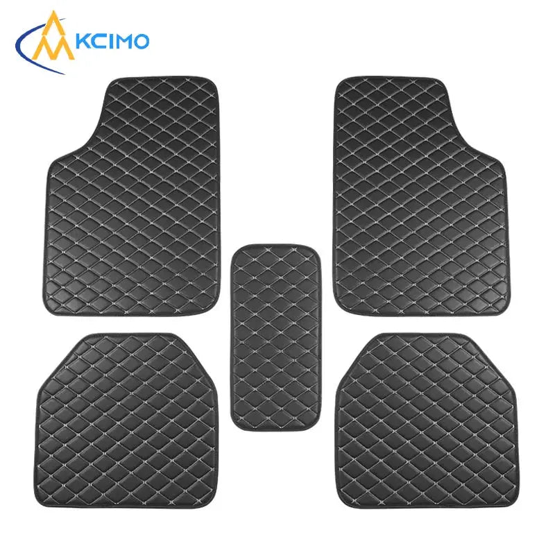 5-piece black PU leather quilted car floor mat set by KCIMO; includes two front, two rear, and center mat.