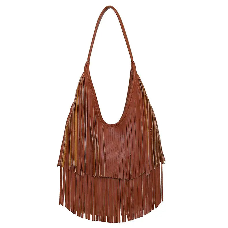 Long tassel fringe handbag for women in brown faux leather with shoulder strap.