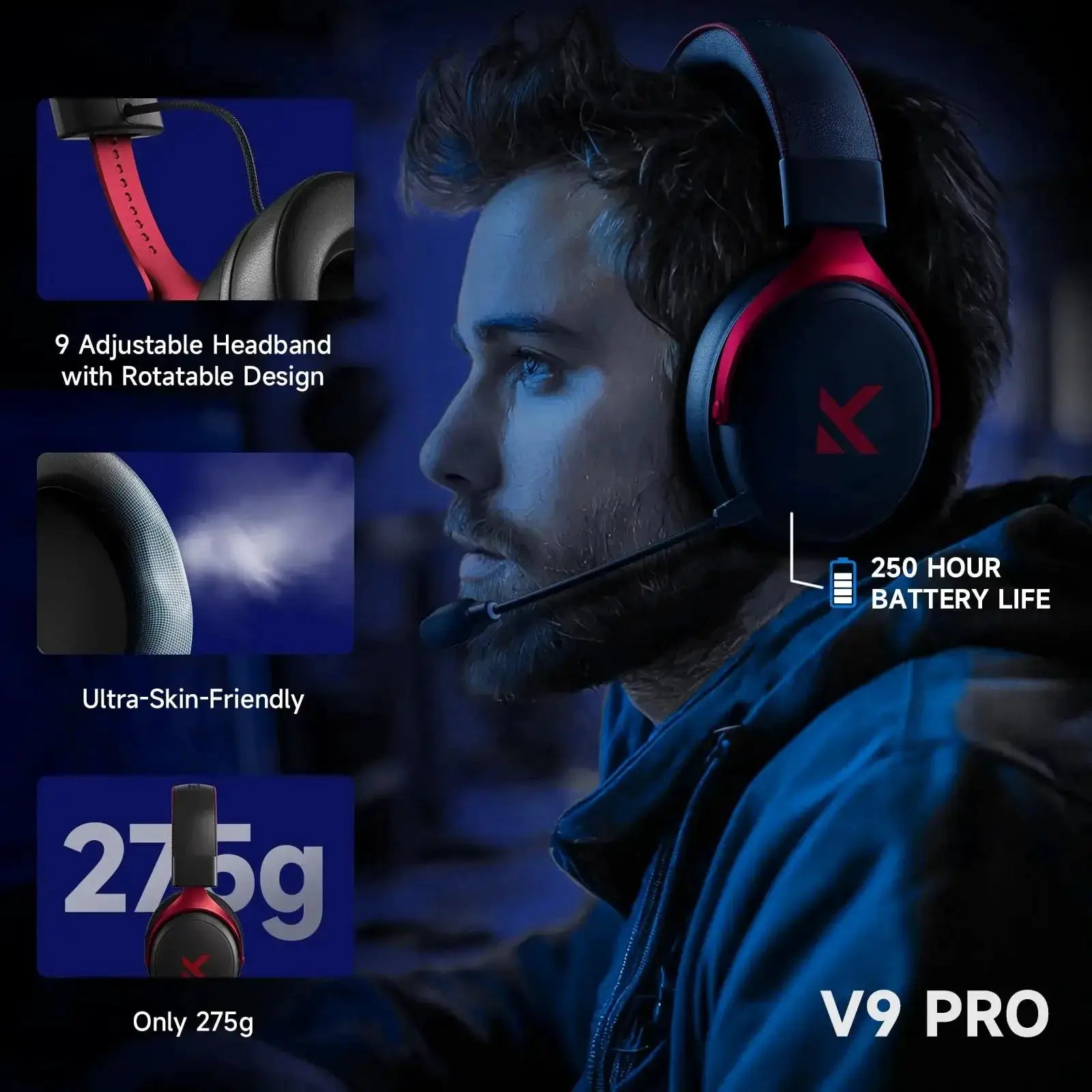MCHOSE V9 Pro wireless gaming headset by Simples Market; red/black over-ear design with adjustable headband, lightweight 275g.