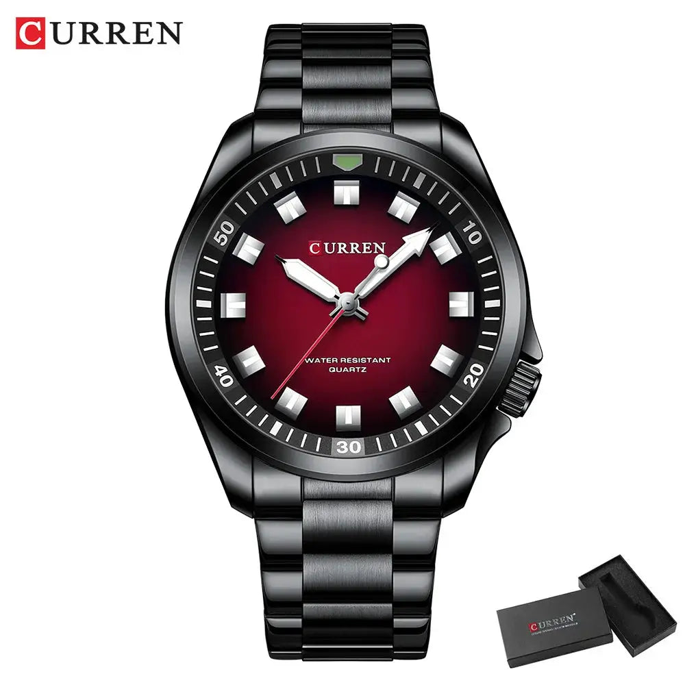 CURREN men's stainless steel wristwatch with red gradient dial, water resistant quartz; 2-piece set with box.