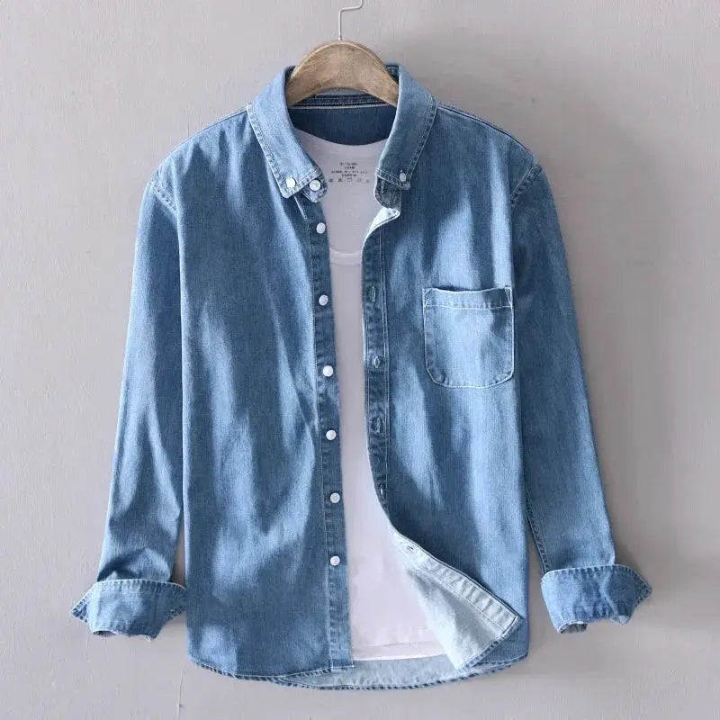 Men's light blue denim shirt, 100% cotton, long-sleeve button-down with chest pocket