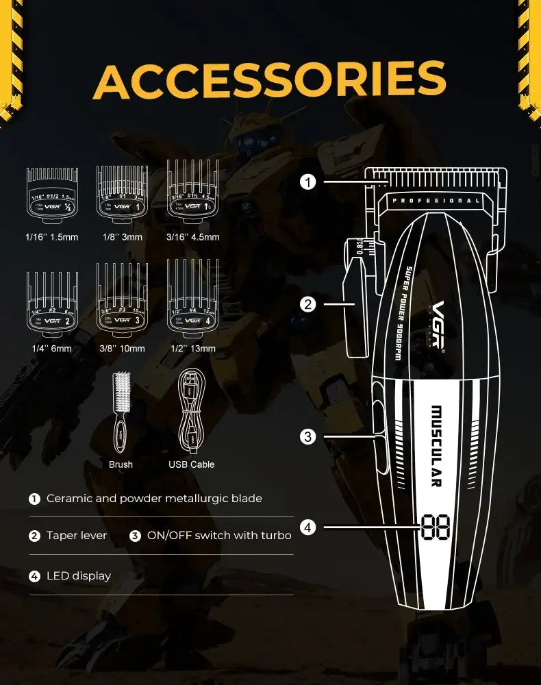 VGR hair trimmer set with 8 guide combs, brush and USB cable; black professional trimmer with VGR branding.